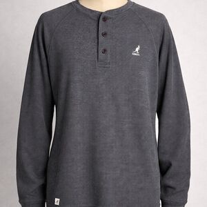 Kangol Men's Charcoal Long Sleeve Henley Buttoned Medium